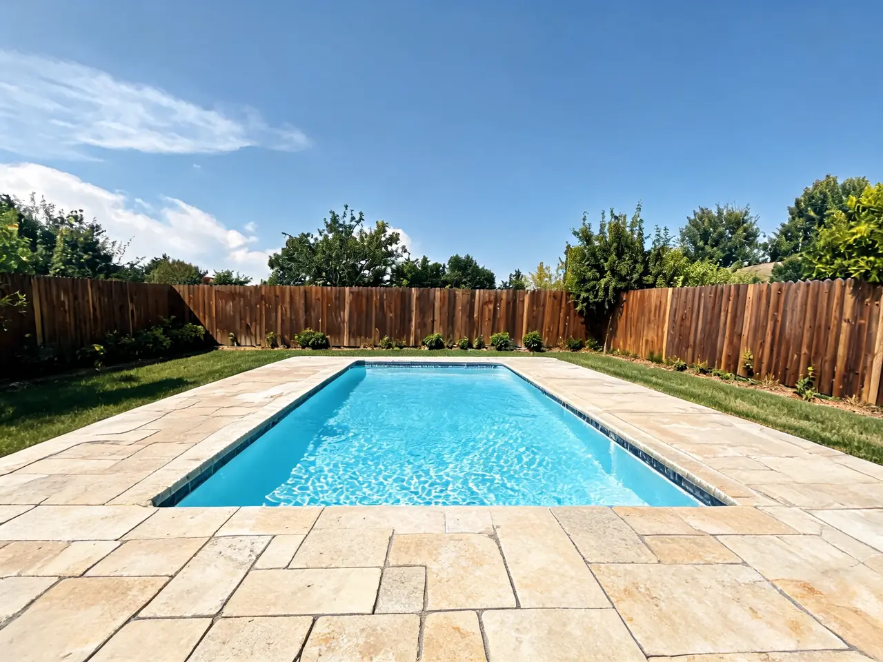 Pool deck visualizer result: worn concrete pool deck replaced with light beige travertine pavers after AI redesign