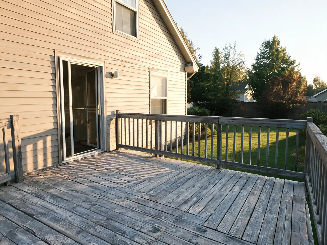Deck visualizer result: weathered gray deck boards restained warm cedar brown with a semi-transparent stain before AI redesign