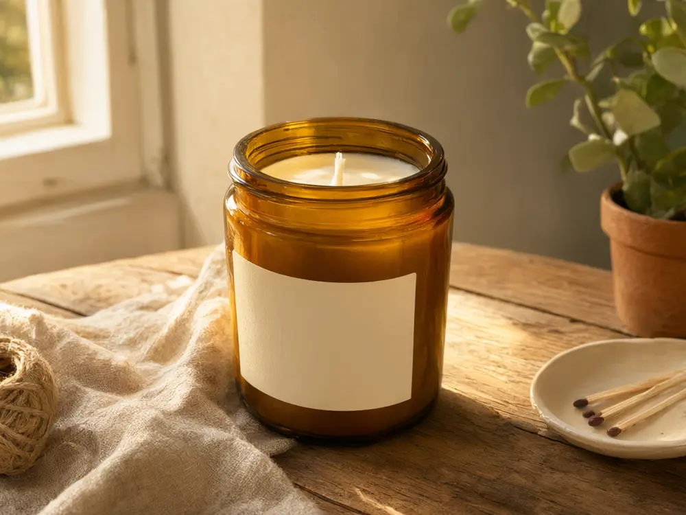 Etsy listing photo result: handmade candle in a sunny window lifestyle scene after AI redesign