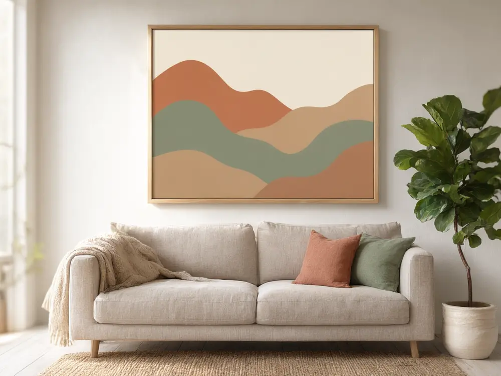 Etsy listing photo result: art print framed on a living room wall after AI redesign