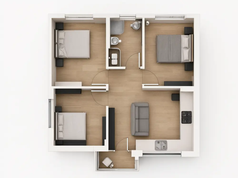 Floor plan to 3D result: a two-bedroom apartment plan rendered from above with furniture in modern style after AI redesign