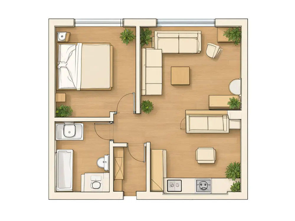 Floor plan to 3D result: an eye-level view of the kitchen in a studio apartment plan after AI redesign