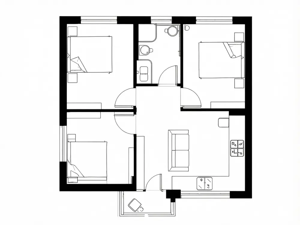 Floor plan to 3D result: a two-bedroom apartment plan rendered from above with furniture in modern style before AI redesign