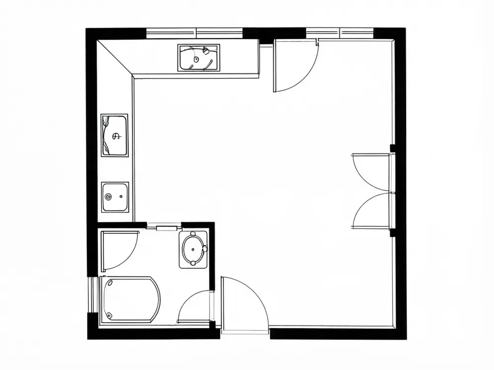 Floor plan to 3D result: a small house plan rendered as an isometric 3D cutaway with half-height walls before AI redesign