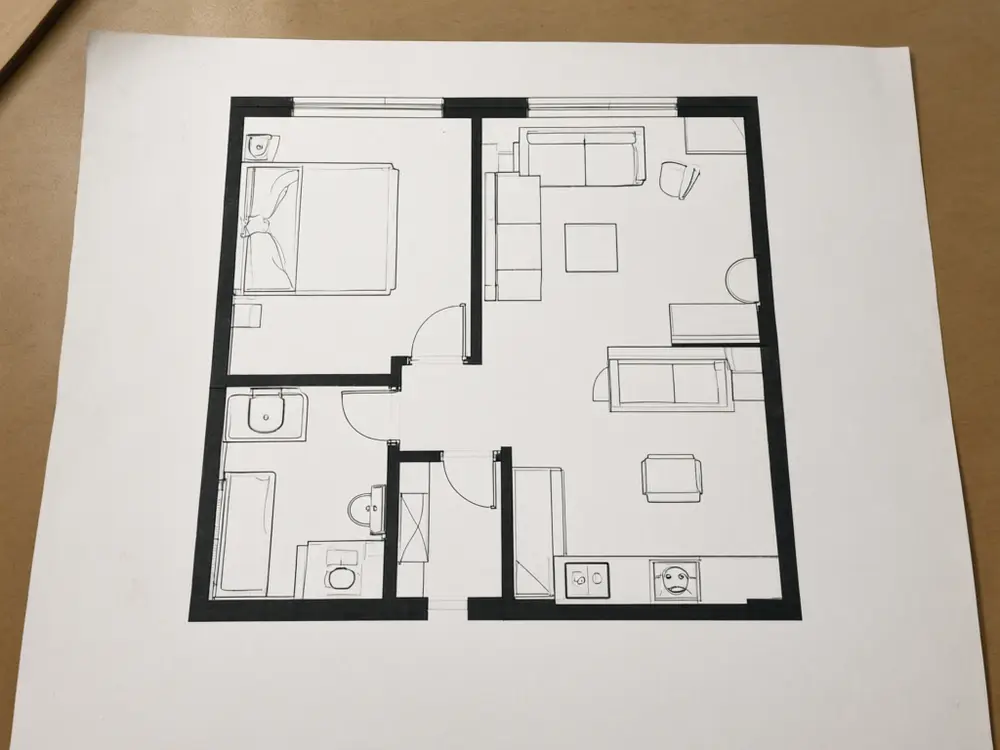 Floor plan to 3D result: an eye-level view of the kitchen in a studio apartment plan before AI redesign