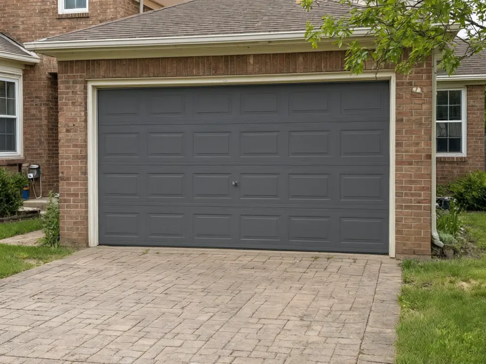 Garage door visualizer result: a charcoal garage door on a brick house after AI redesign