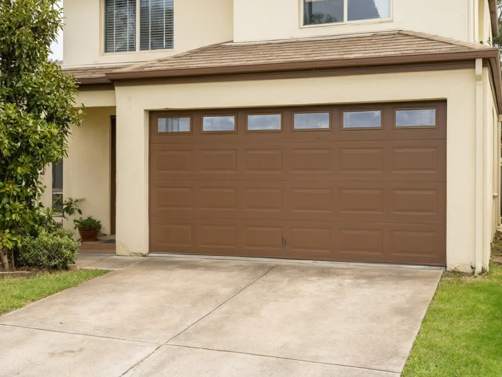 Garage door visualizer result: a brown garage door with a row of windows after AI redesign