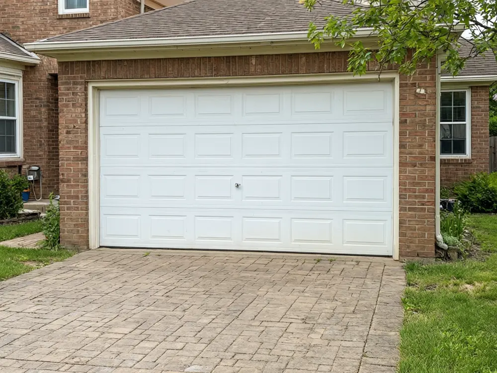 Garage door visualizer result: a charcoal garage door on a brick house before AI redesign