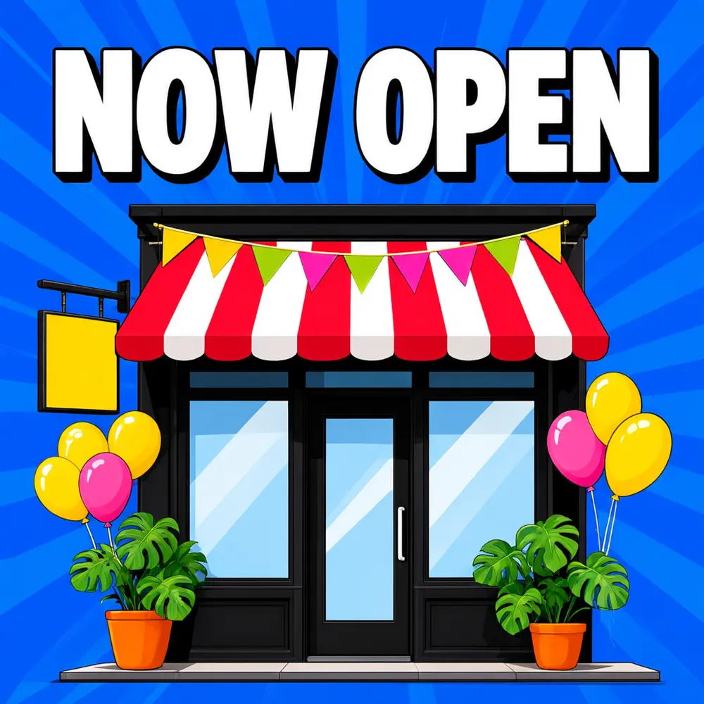 AI Instagram announcement post with the text NOW OPEN and a shop front after AI redesign