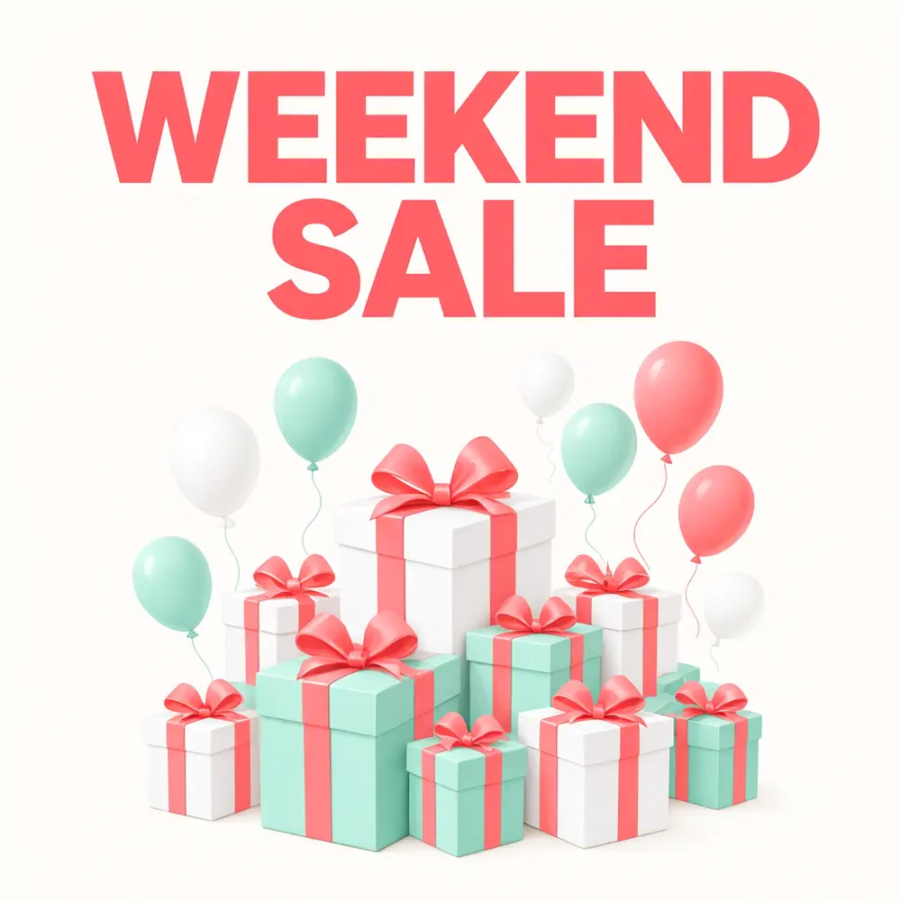 AI Instagram promo post with the text WEEKEND SALE and gift boxes after AI redesign