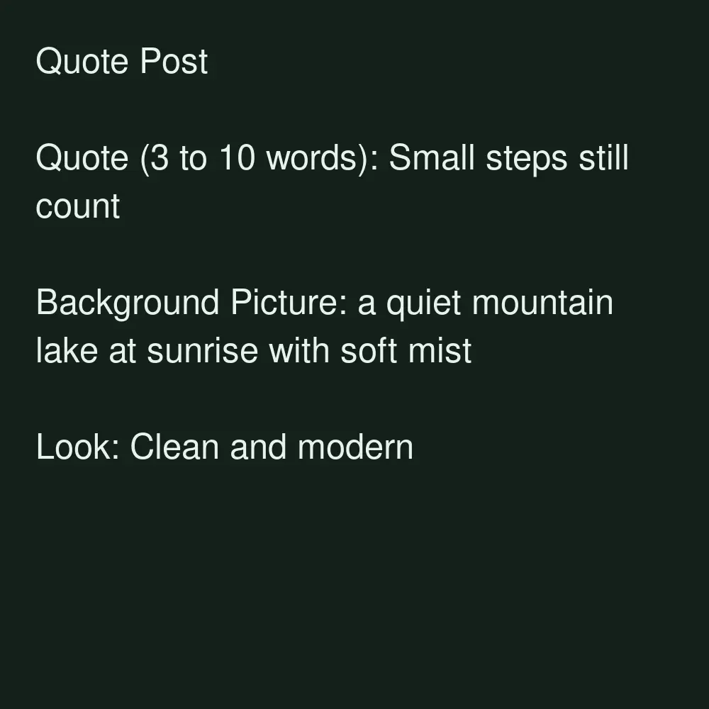 AI Instagram quote post with the text Small steps still count and a mountain lake before AI redesign