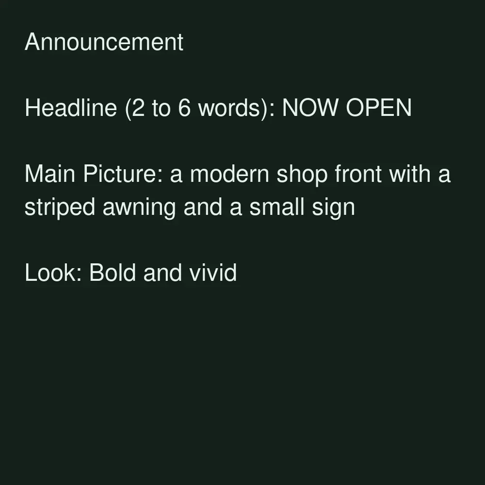 AI Instagram announcement post with the text NOW OPEN and a shop front before AI redesign
