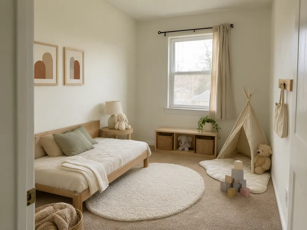 Kids bedroom visualizer result: a soft neutral toddler room with a low bed and play corner after AI redesign