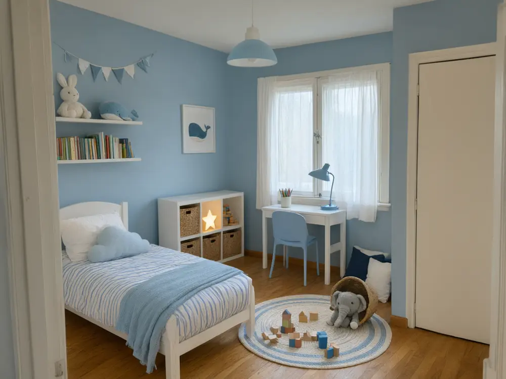 Kids bedroom visualizer result: a calm blue and white kids bedroom with a bed, desk and shelves after AI redesign