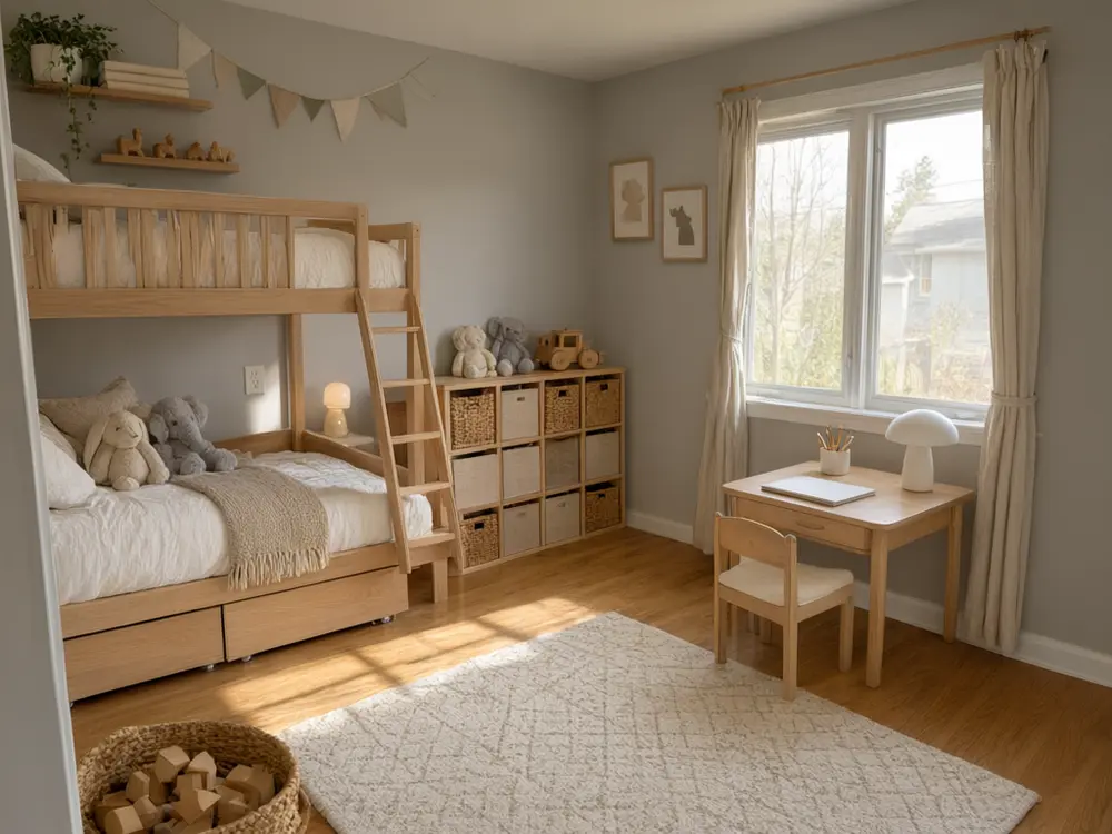Kids bedroom visualizer result: a shared kids bedroom with a wooden bunk bed after AI redesign