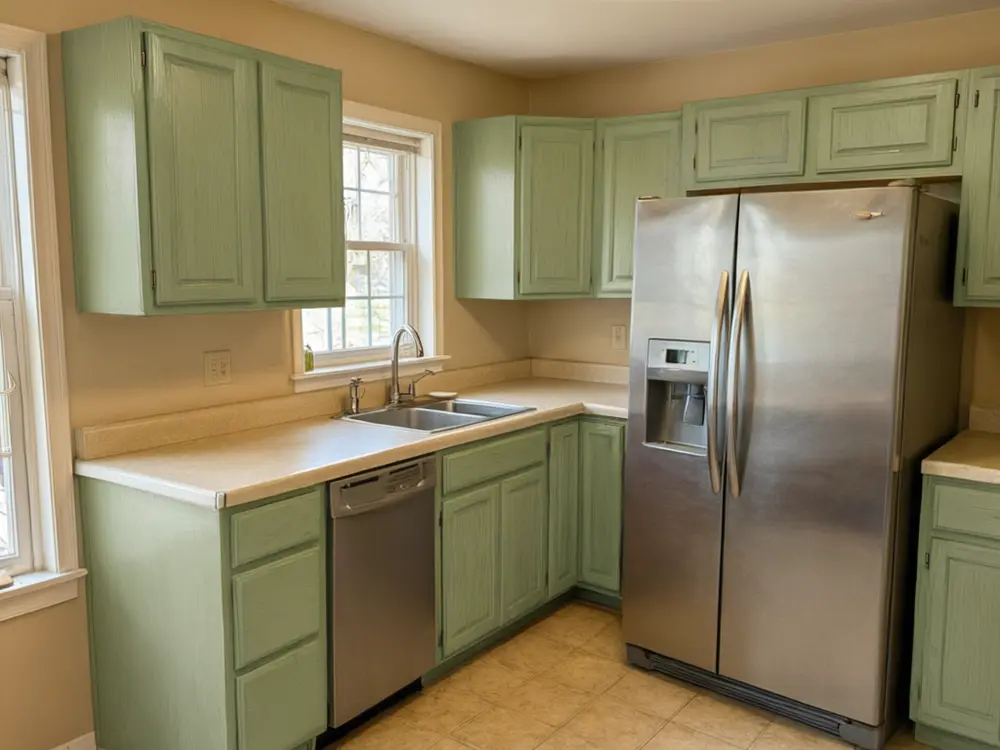 Kitchen cabinet color visualizer result: honey oak cabinets repainted sage green after AI redesign