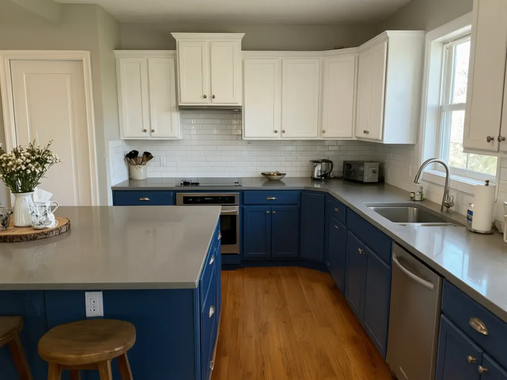 Kitchen cabinet color visualizer result: two-tone cabinets, navy lowers and white uppers after AI redesign