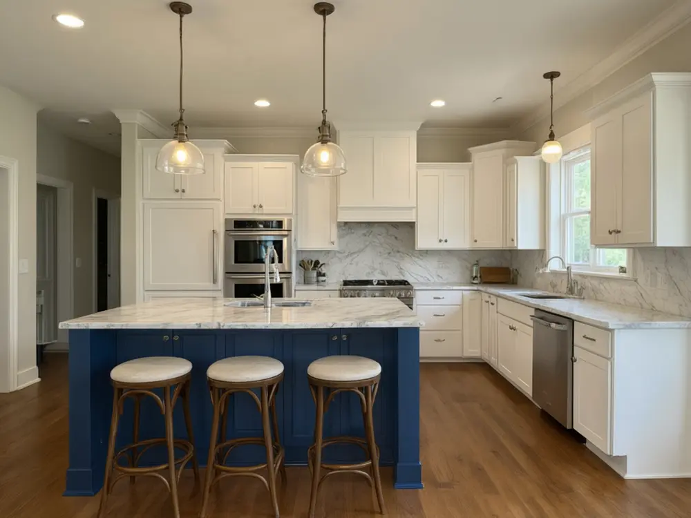 Kitchen cabinet color visualizer result: a navy painted island in a white kitchen after AI redesign