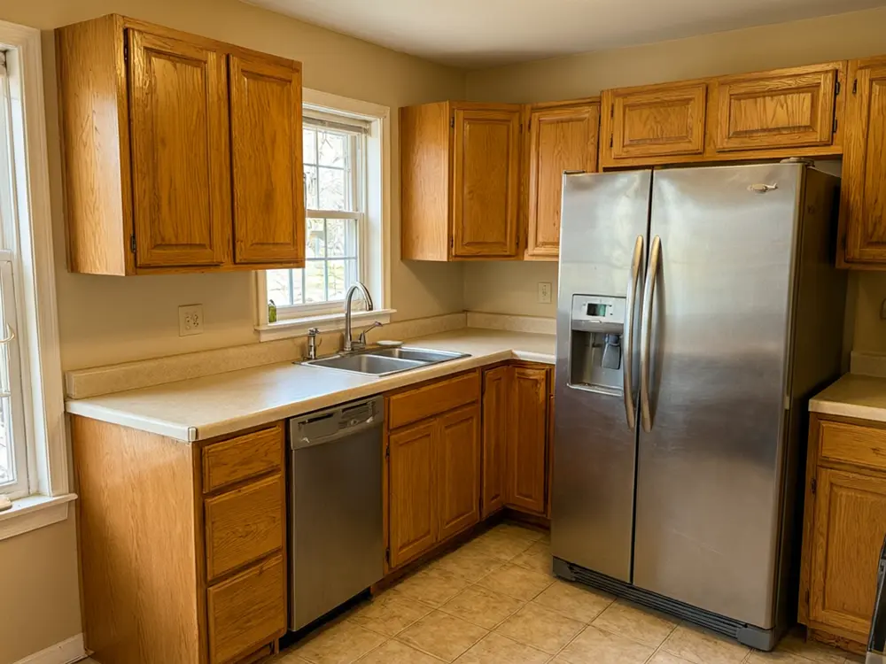 Kitchen cabinet color visualizer result: honey oak cabinets repainted sage green before AI redesign