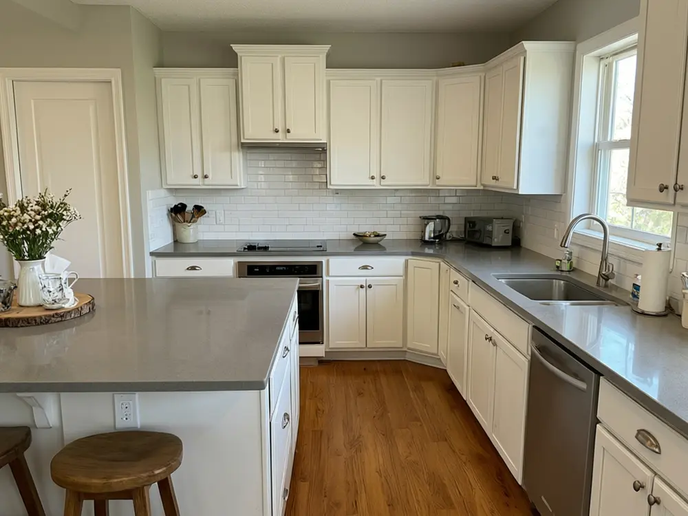 Kitchen cabinet color visualizer result: two-tone cabinets, navy lowers and white uppers before AI redesign