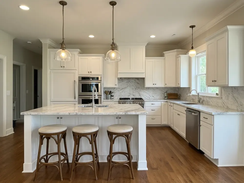 Kitchen cabinet color visualizer result: a navy painted island in a white kitchen before AI redesign