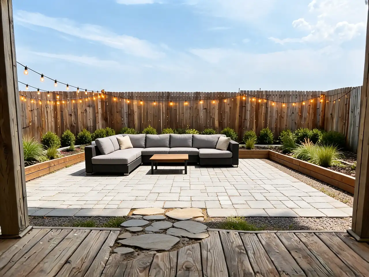 AI landscape design: bare backyard transformed into a modern patio entertaining space after AI redesign
