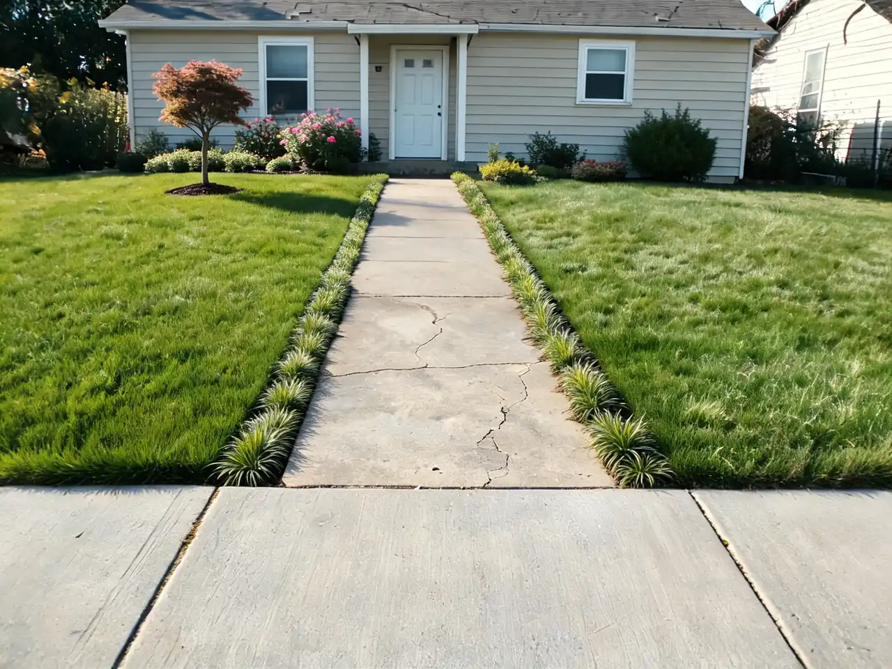 AI front yard design: thin lawn transformed into layered curb-appeal planting after AI redesign