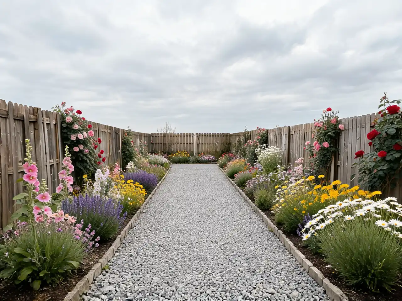 AI garden design: bare side garden transformed into a dense cottage garden after AI redesign