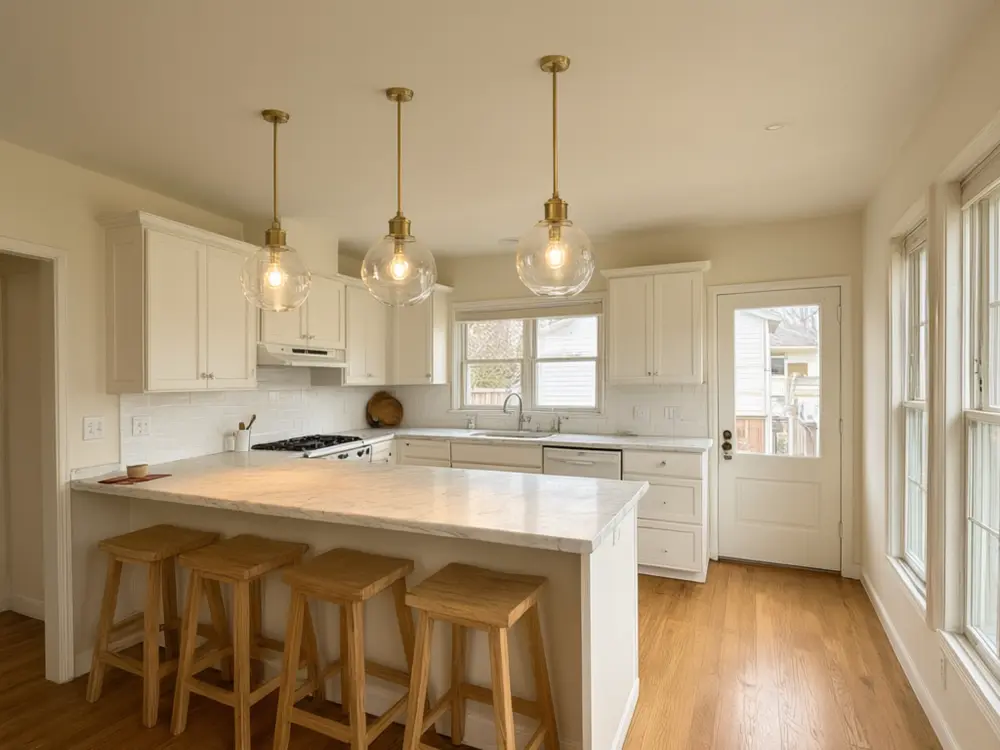 Light fixture visualizer result: three brass globe pendant lights over a kitchen island after AI redesign