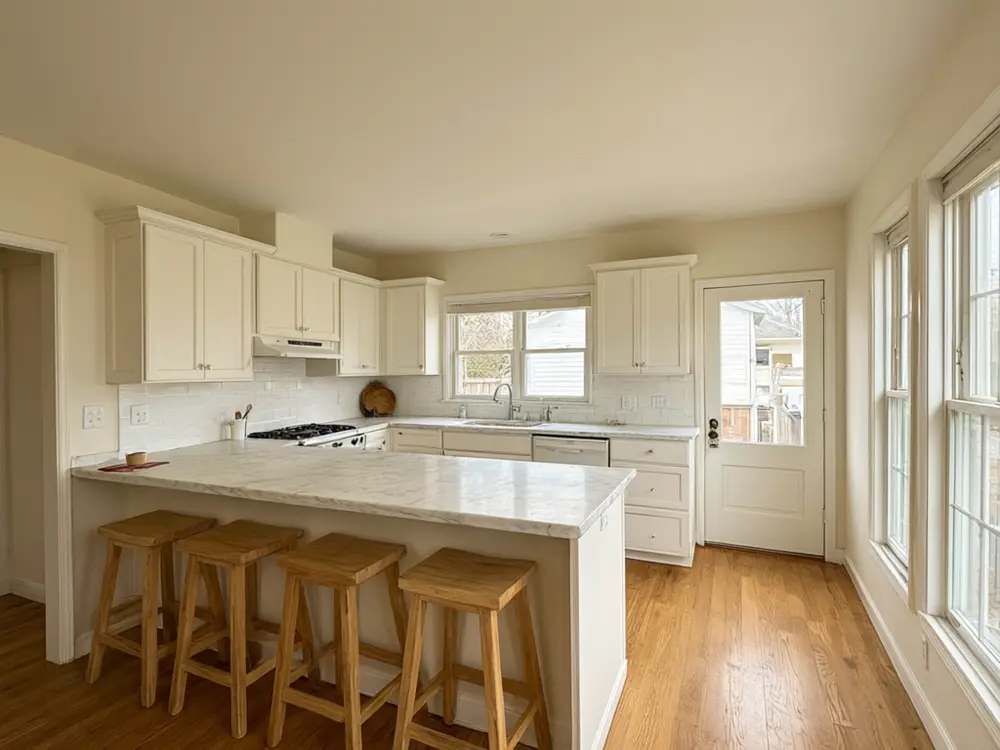 Light fixture visualizer result: three brass globe pendant lights over a kitchen island before AI redesign