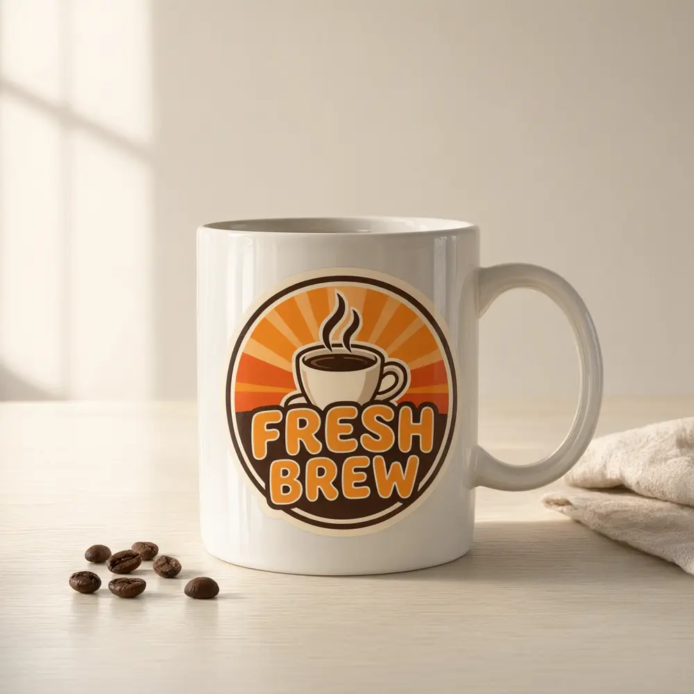 Mug mockup result: retro coffee badge artwork printed on a white mug on a wooden table after AI redesign