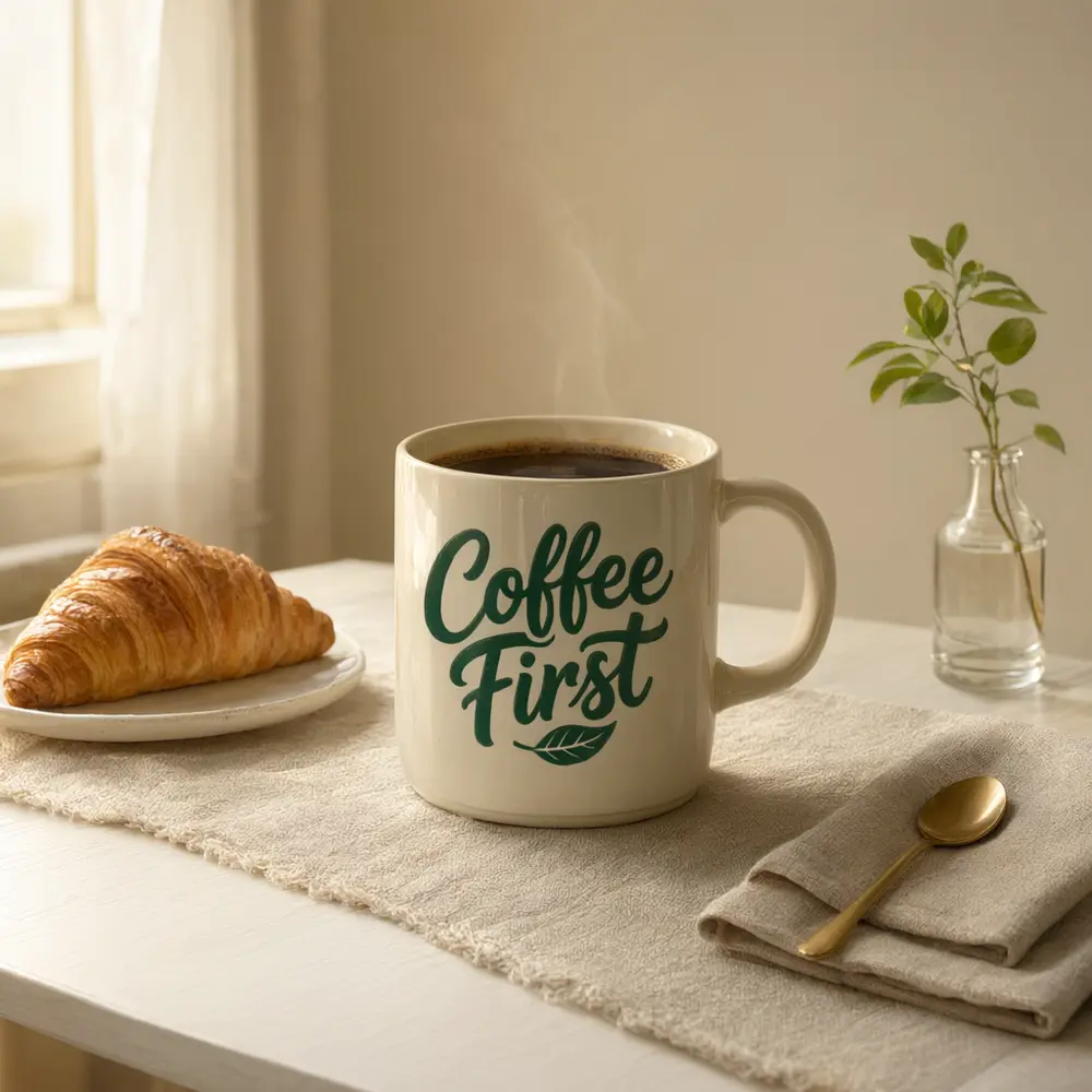 Mug mockup result: lettering quote on a cream mug on a breakfast table with a croissant after AI redesign