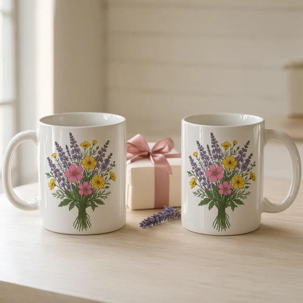 Mug mockup result: floral artwork on a pair of mugs with a gift box after AI redesign