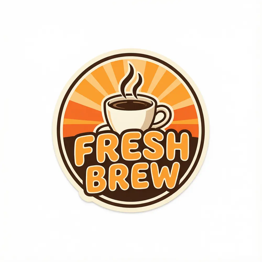 Mug mockup result: retro coffee badge artwork printed on a white mug on a wooden table before AI redesign