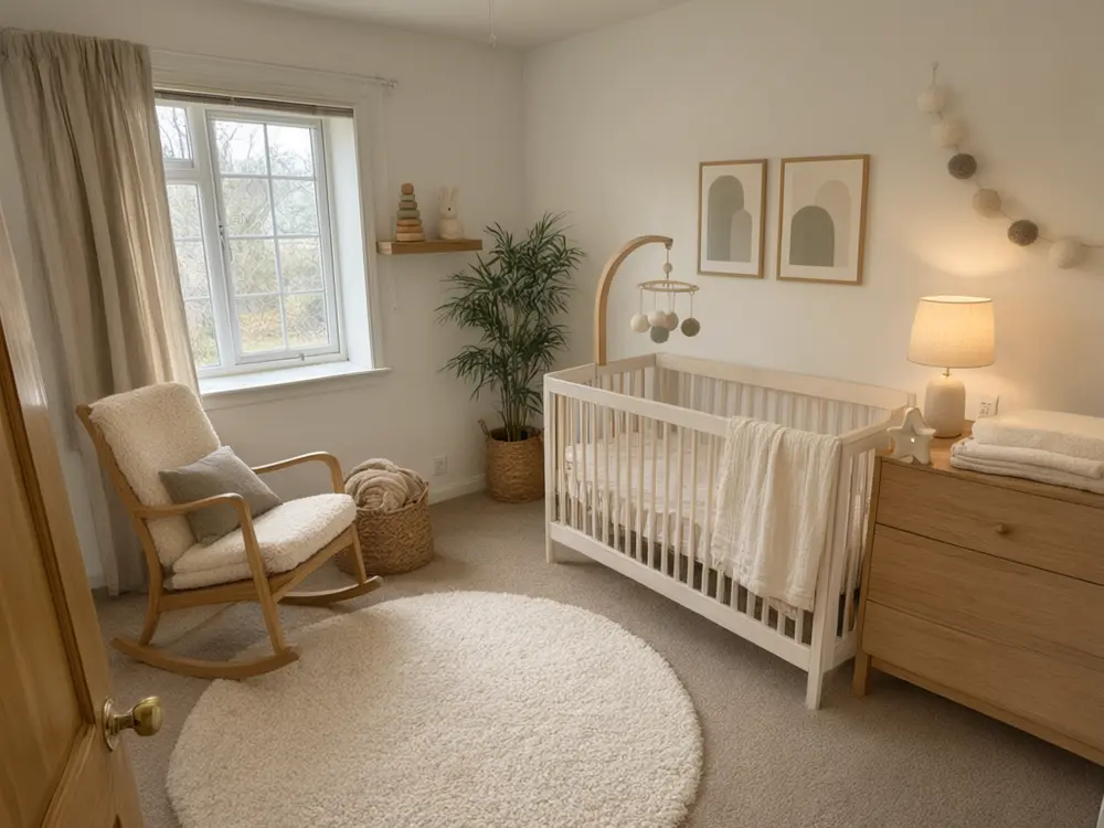 Nursery visualizer result: a calm neutral nursery with a white crib, rug and rocking chair after AI redesign