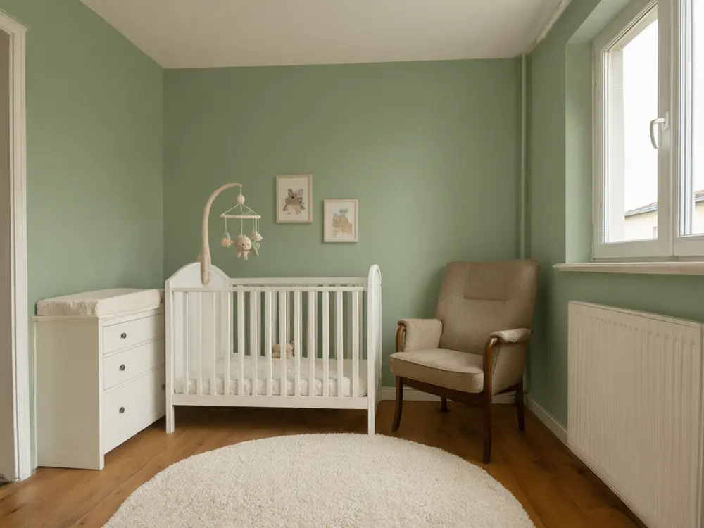 Nursery visualizer result: a bedroom with soft sage green walls after AI redesign