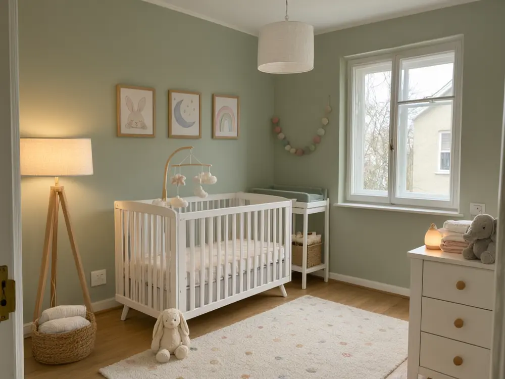 Nursery visualizer result: a nursery with a sage board and batten accent wall after AI redesign