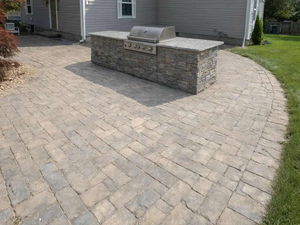 Outdoor kitchen visualizer result: a stone-based BBQ island with a built-in grill on a patio after AI redesign
