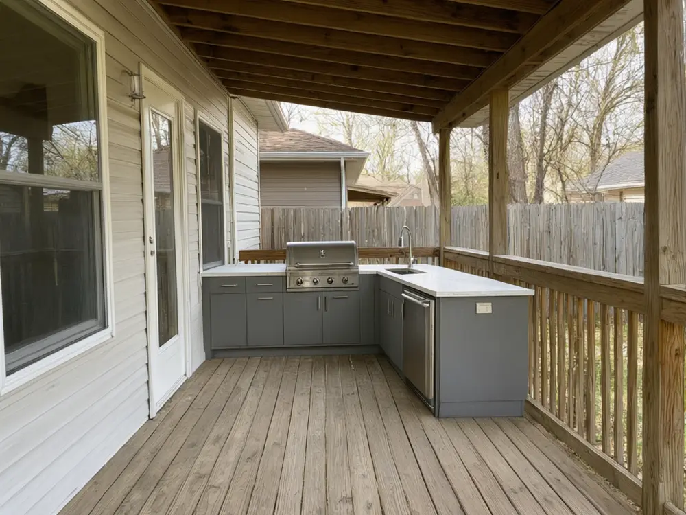 Outdoor kitchen visualizer result: an L-shaped outdoor kitchen on a covered deck after AI redesign