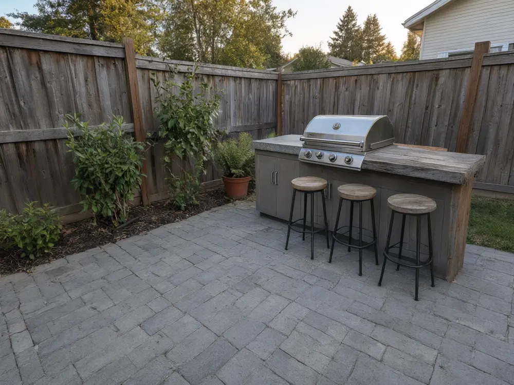 Outdoor kitchen visualizer result: a wooden outdoor bar with stools on a patio after AI redesign