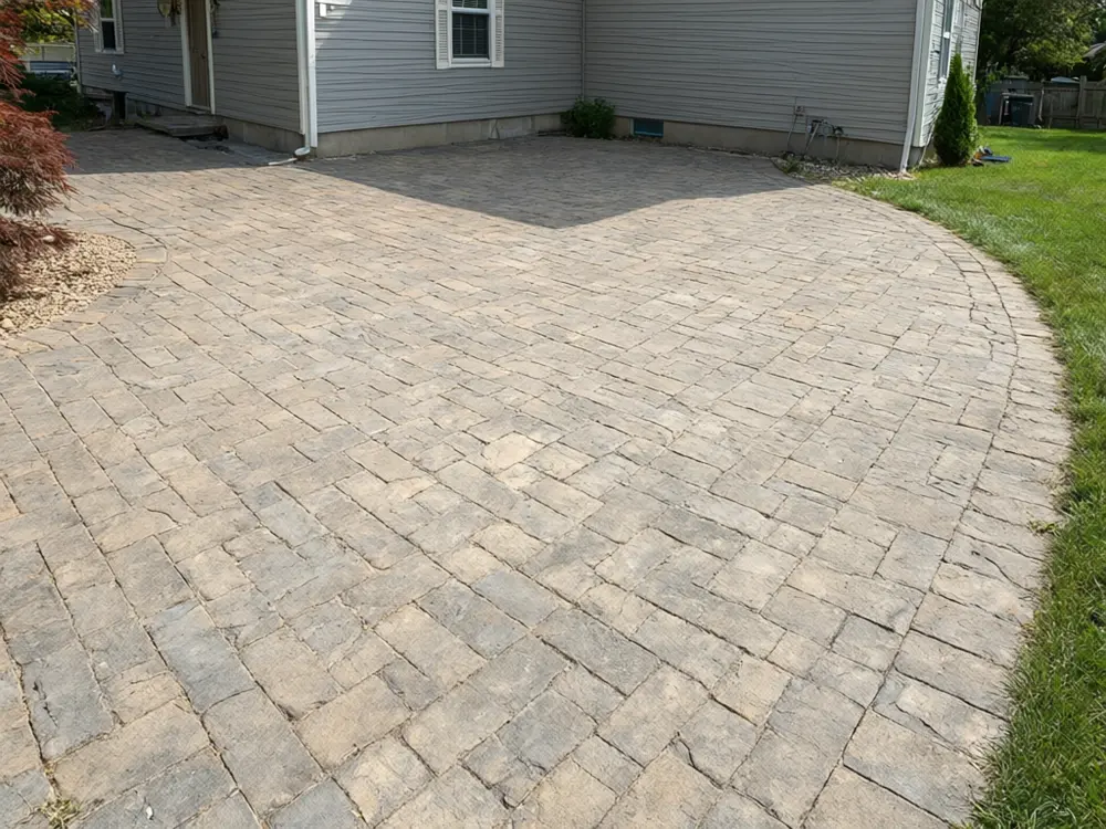 Outdoor kitchen visualizer result: a stone-based BBQ island with a built-in grill on a patio before AI redesign