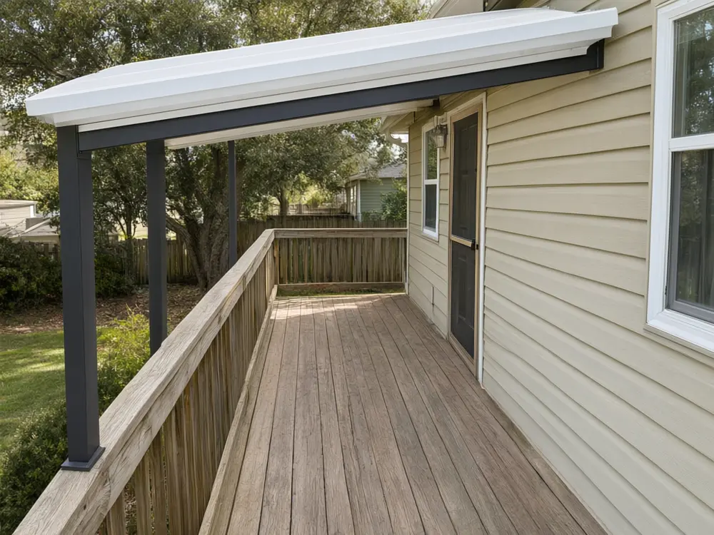 Patio cover visualizer result: a white solid roof patio cover on charcoal posts over a back deck after AI redesign
