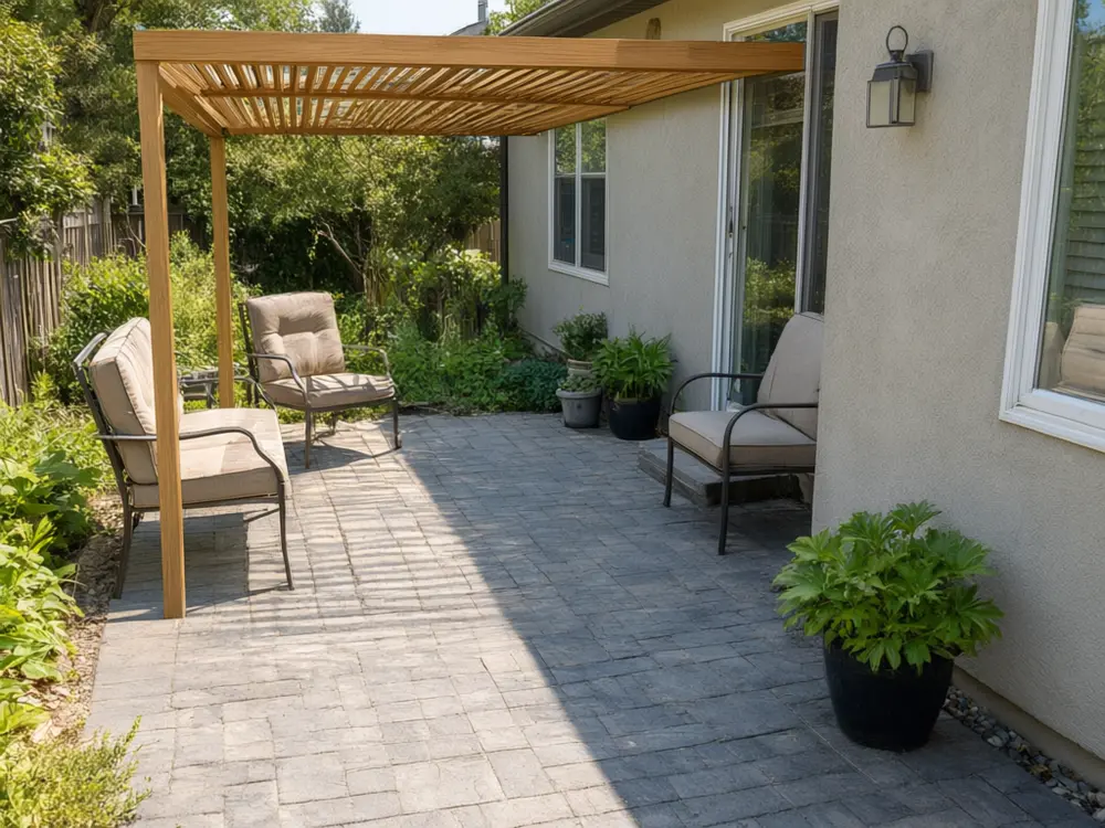 Patio cover visualizer result: a cedar slat patio cover attached to a house wall over a patio after AI redesign