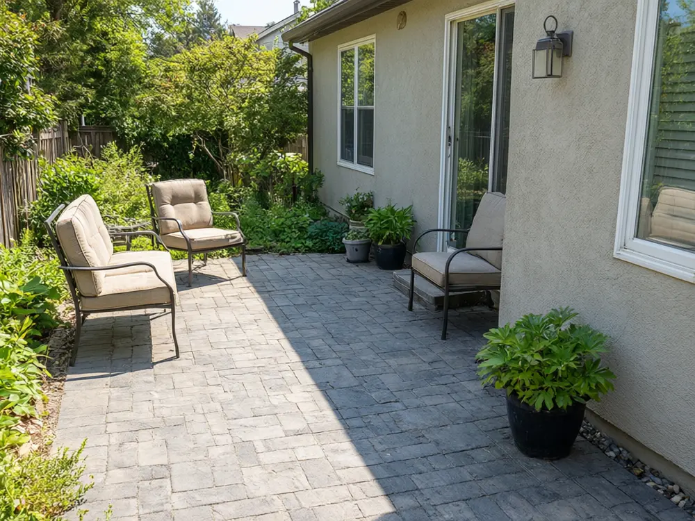 Patio cover visualizer result: a cedar slat patio cover attached to a house wall over a patio before AI redesign