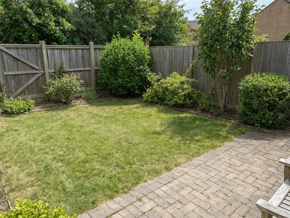Patio cover visualizer result: a freestanding black flat roof cover over a backyard seating area before AI redesign