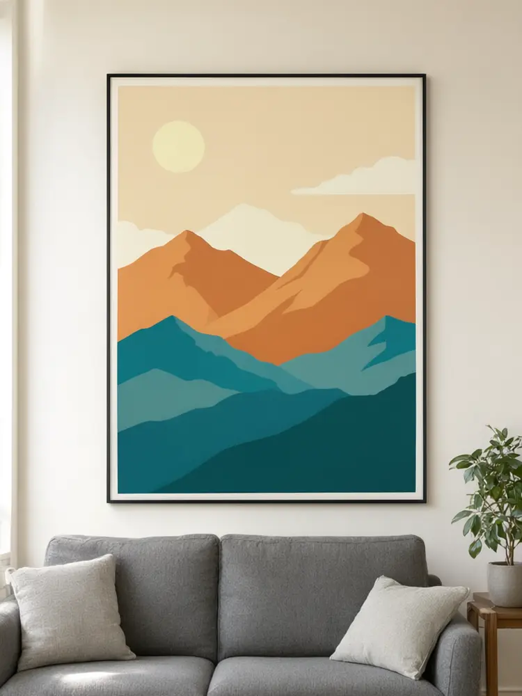 Poster mockup result: mountain art print in a black frame above a grey sofa in a living room after AI redesign