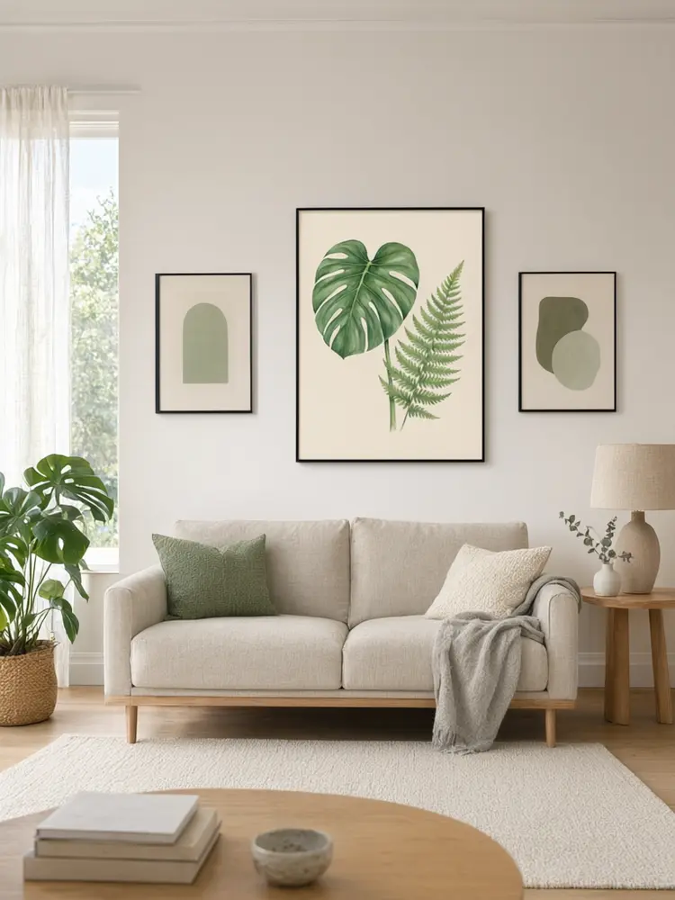 Poster mockup result: botanical print in the centre of a framed gallery wall after AI redesign