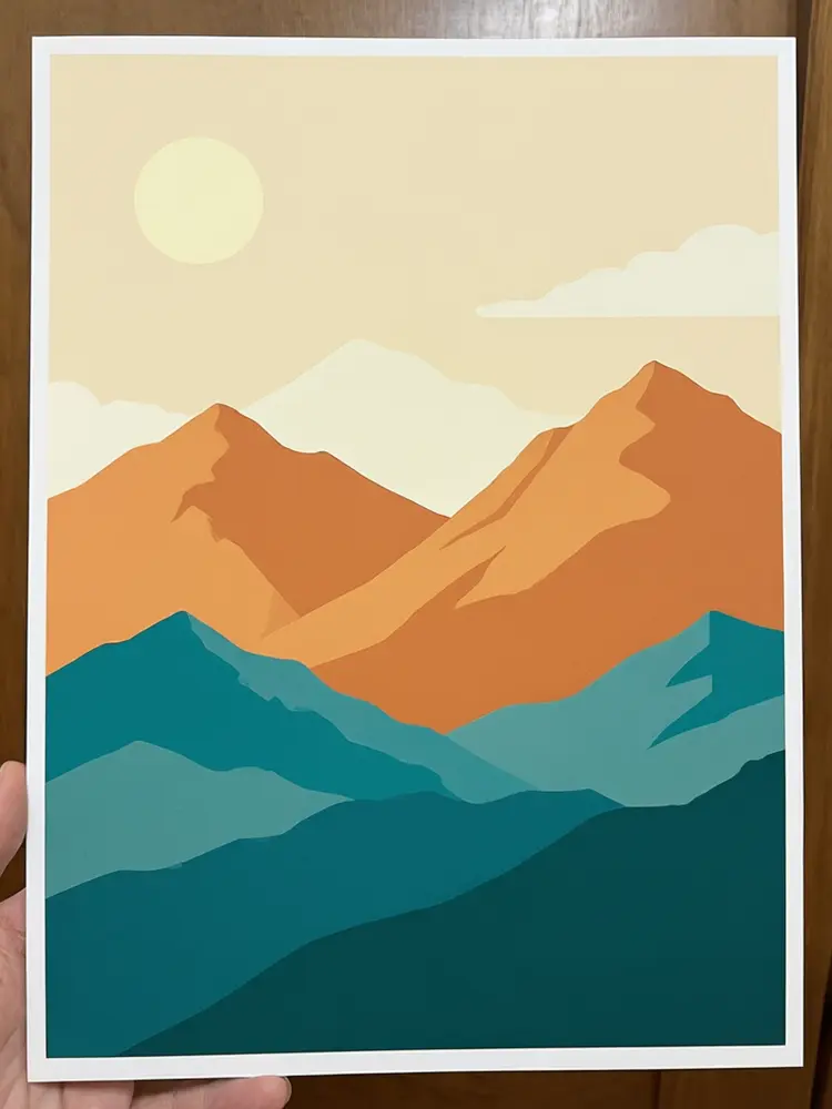 Poster mockup result: mountain art print in a black frame above a grey sofa in a living room before AI redesign