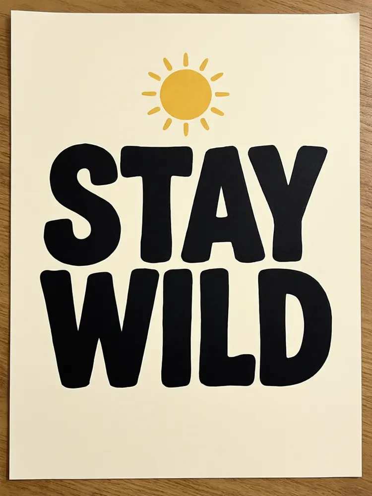 Poster mockup result: lettering print in an oak frame above a bed in a bedroom before AI redesign