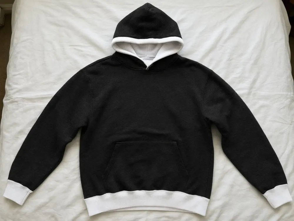 Product colour variant result: grey hoodie recoloured two-tone black and white after AI redesign